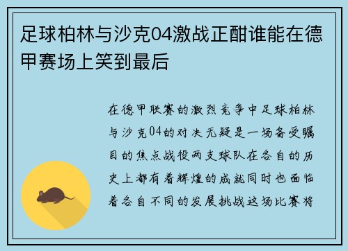 足球柏林与沙克04激战正酣谁能在德甲赛场上笑到最后